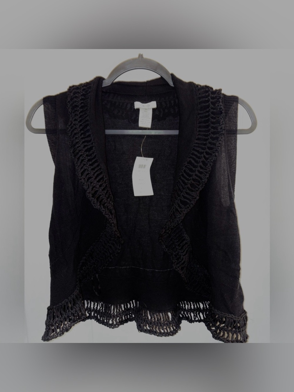 CACH’E Open Front Crocheted Trim Black Women's Sweater Vest